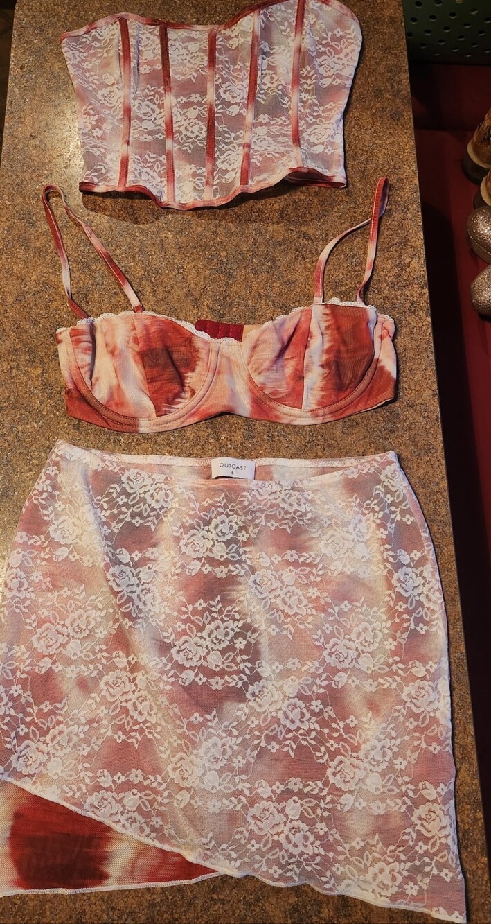 OUTCAST Lace-Detail Mini Skirt,Bra, & Corset in Dusty Rose - Picture 4 of 7